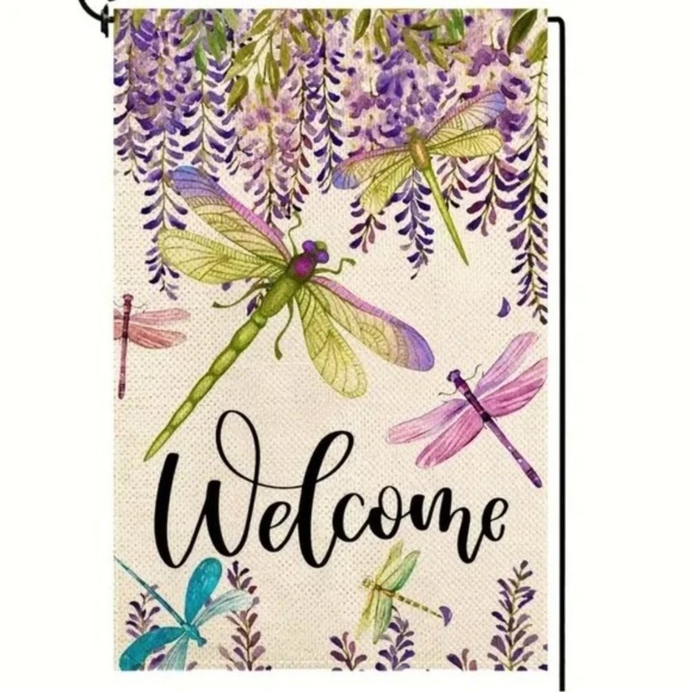 NIP WELCOME Burlap Double Sided Garden Flag 1pc, 12” x 18” Dragonfly